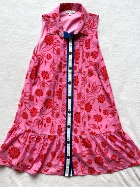 THML Pink and Red Floral Sleeveless Dress with Navy Trim